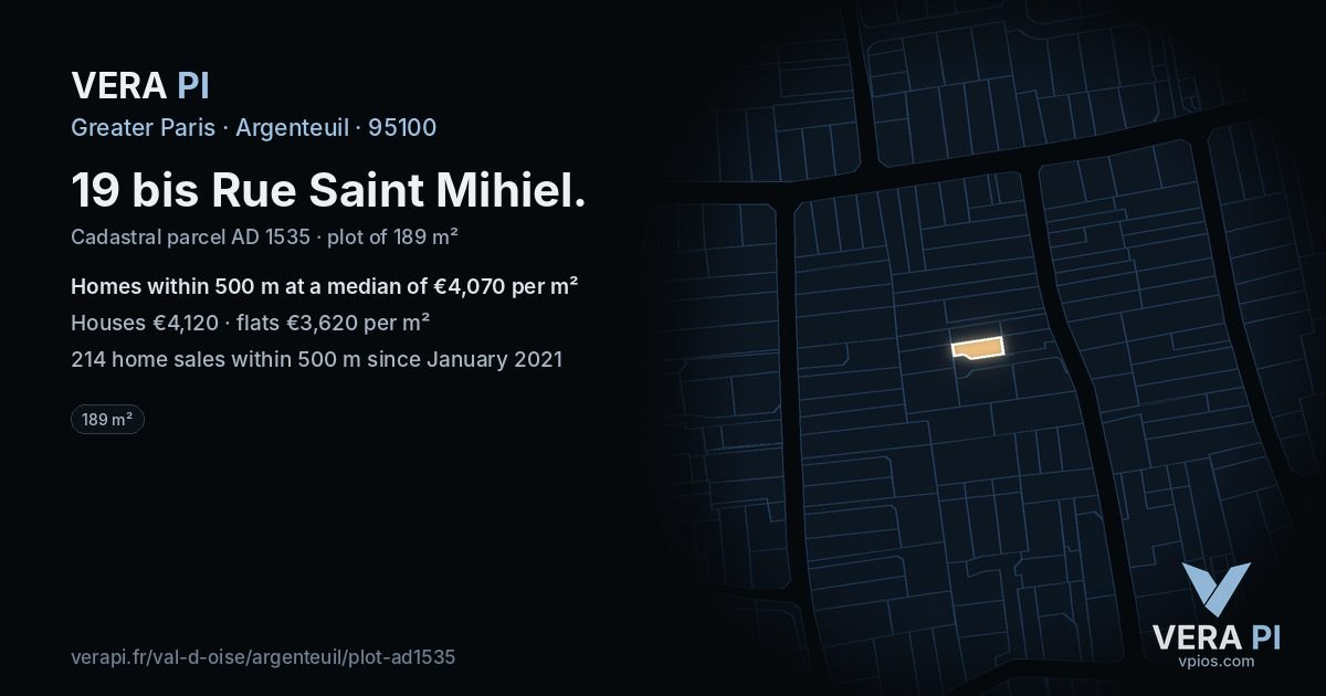 19 bis Rue Saint Mihiel, Argenteuil at night – the plot lit, the parcels around coloured by the prices near them