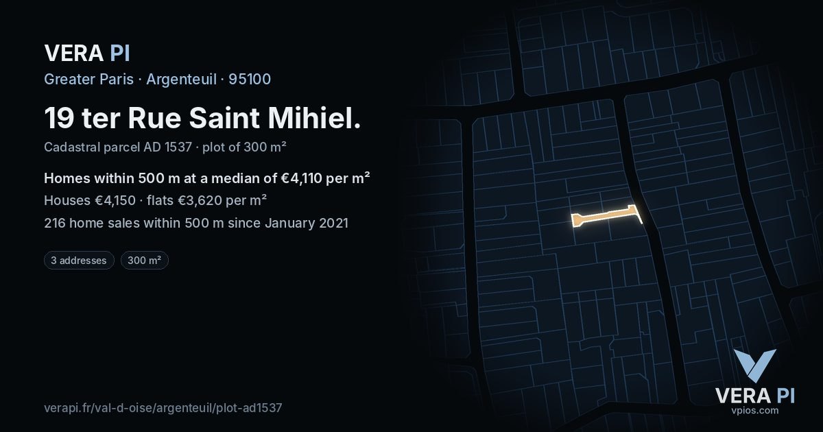 19 ter Rue Saint Mihiel, Argenteuil at night – the plot lit, the parcels around coloured by the prices near them