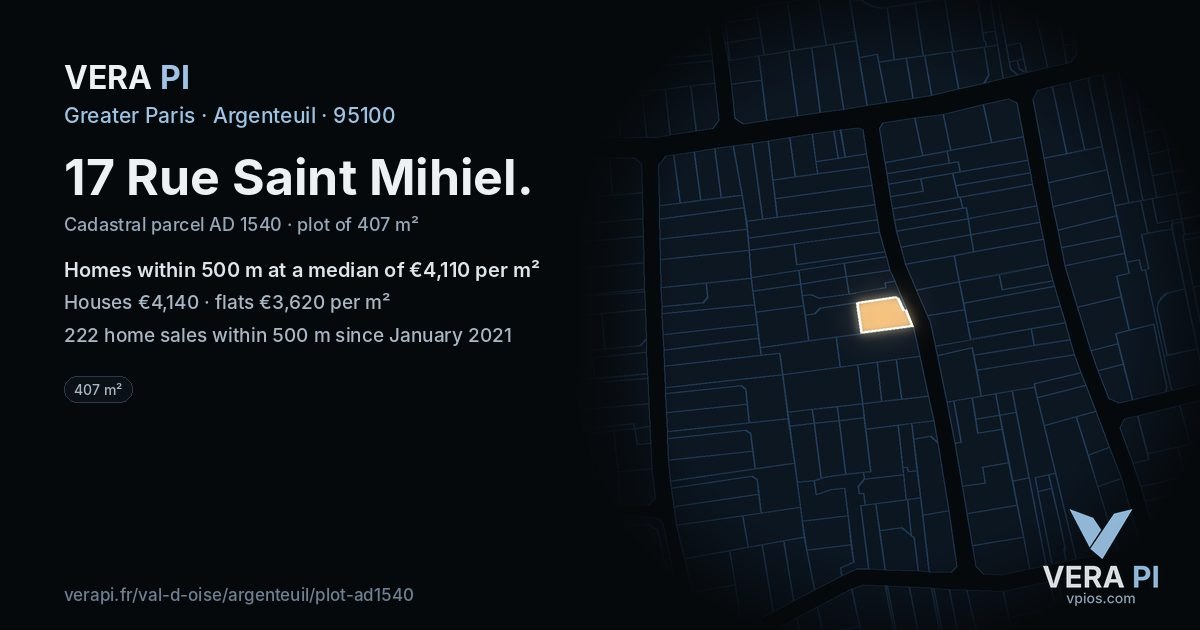 17 Rue Saint Mihiel, Argenteuil at night – the plot lit, the parcels around coloured by the prices near them