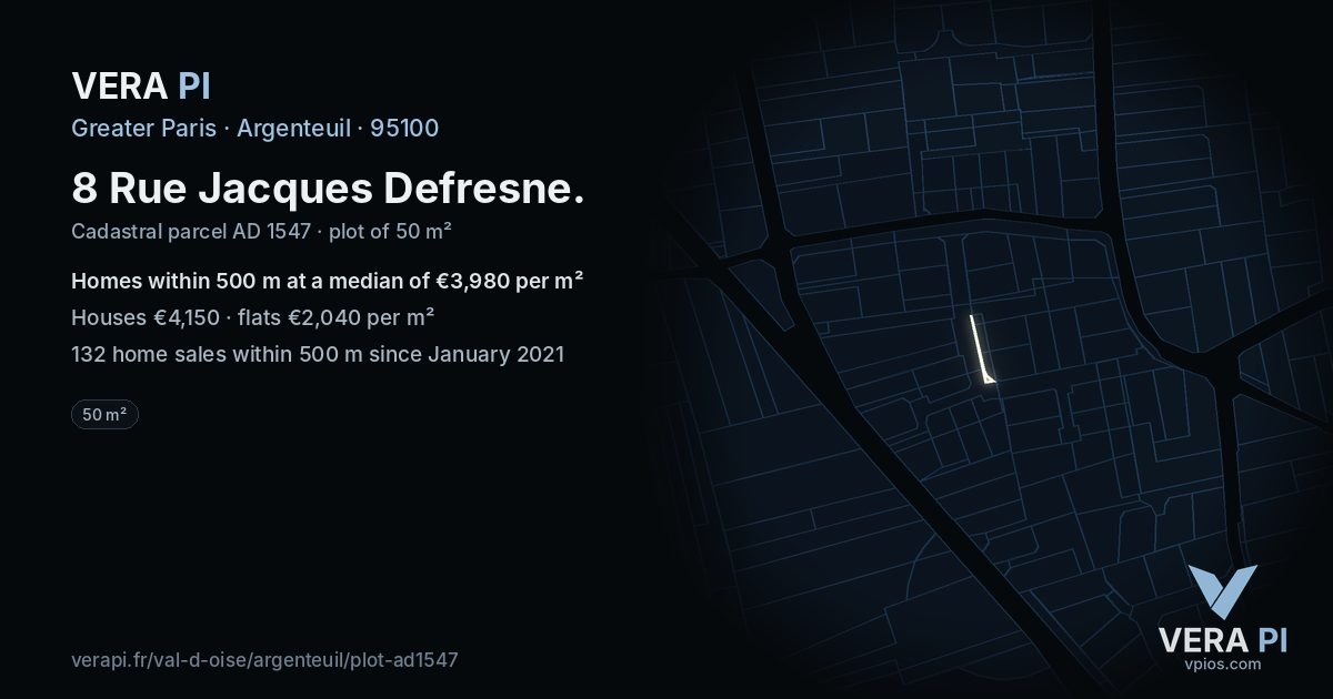 8 Rue Jacques Defresne, Argenteuil at night – the plot lit, the parcels around coloured by the prices near them