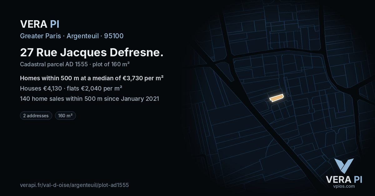 27 Rue Jacques Defresne, Argenteuil at night – the plot lit, the parcels around coloured by the prices near them