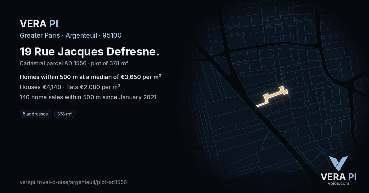 19 Rue Jacques Defresne, Argenteuil at night – the plot lit, the parcels around coloured by the prices near them