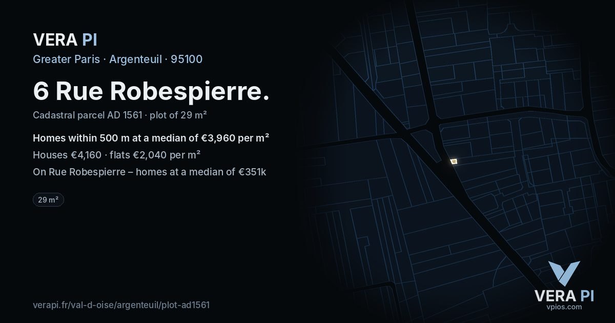 6 Rue Robespierre, Argenteuil at night – the plot lit, the parcels around coloured by the prices near them