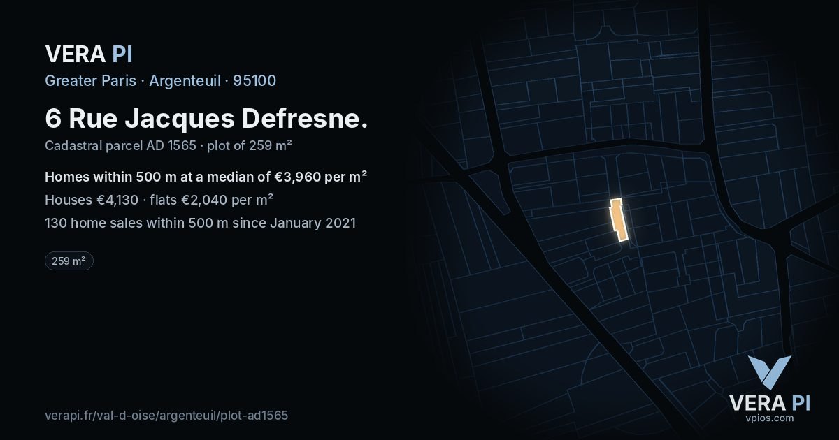 6 Rue Jacques Defresne, Argenteuil at night – the plot lit, the parcels around coloured by the prices near them