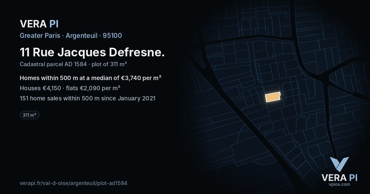 11 Rue Jacques Defresne, Argenteuil at night – the plot lit, the parcels around coloured by the prices near them