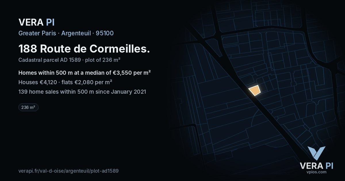 188 Route de Cormeilles, Argenteuil at night – the plot lit, the parcels around coloured by the prices near them