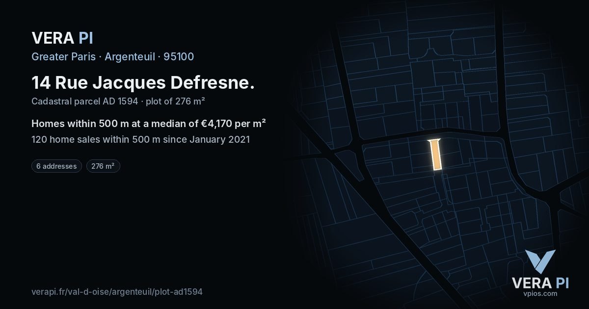 14 Rue Jacques Defresne, Argenteuil at night – the plot lit, the parcels around coloured by the prices near them