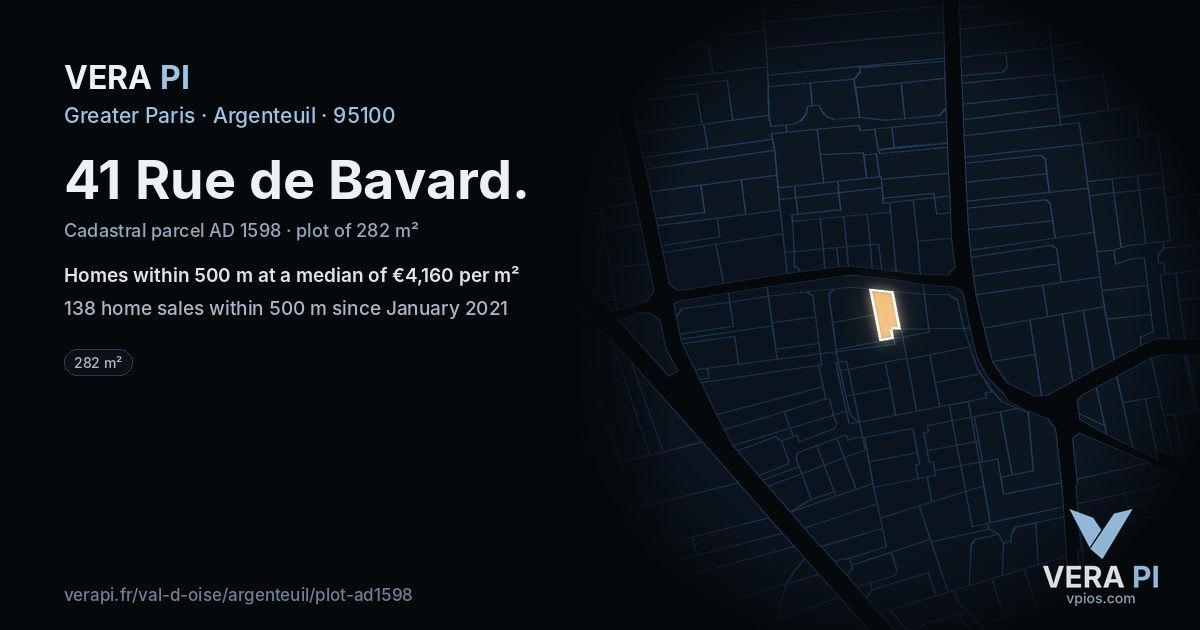 41 Rue de Bavard, Argenteuil at night – the plot lit, the parcels around coloured by the prices near them