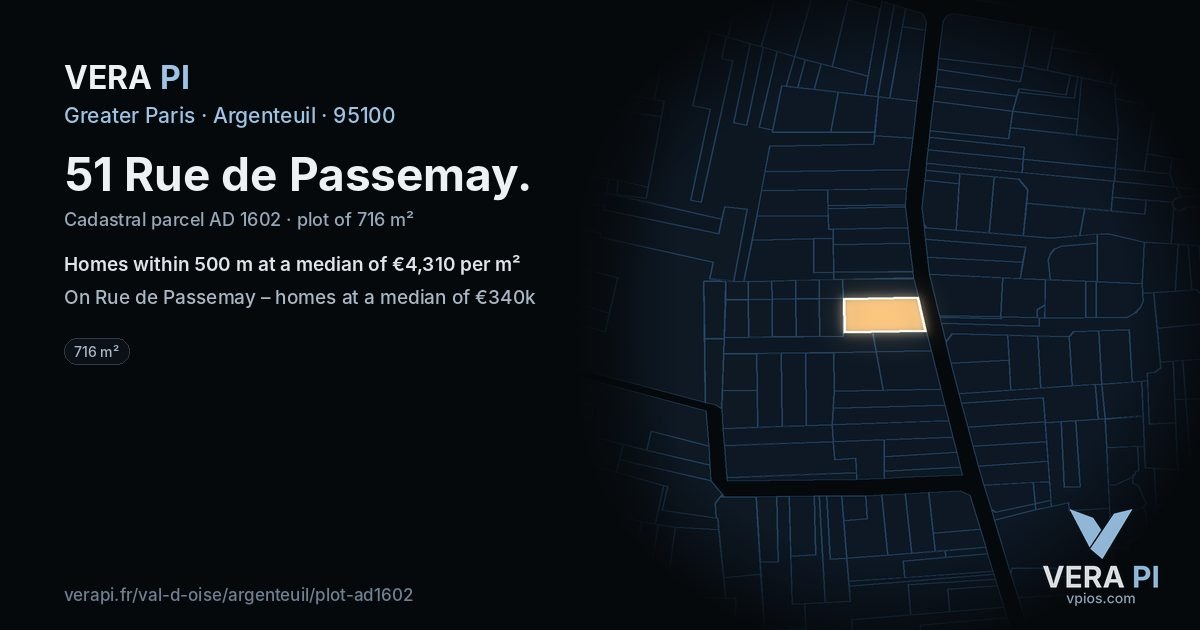 51 Rue de Passemay, Argenteuil at night – the plot lit, the parcels around coloured by the prices near them