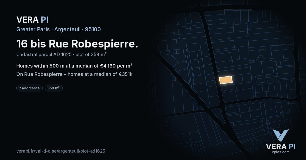 16 bis Rue Robespierre, Argenteuil at night – the plot lit, the parcels around coloured by the prices near them