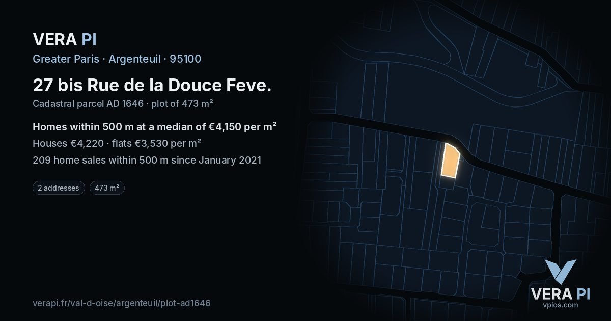 27 bis Rue de la Douce Feve, Argenteuil at night – the plot lit, the parcels around coloured by the prices near them