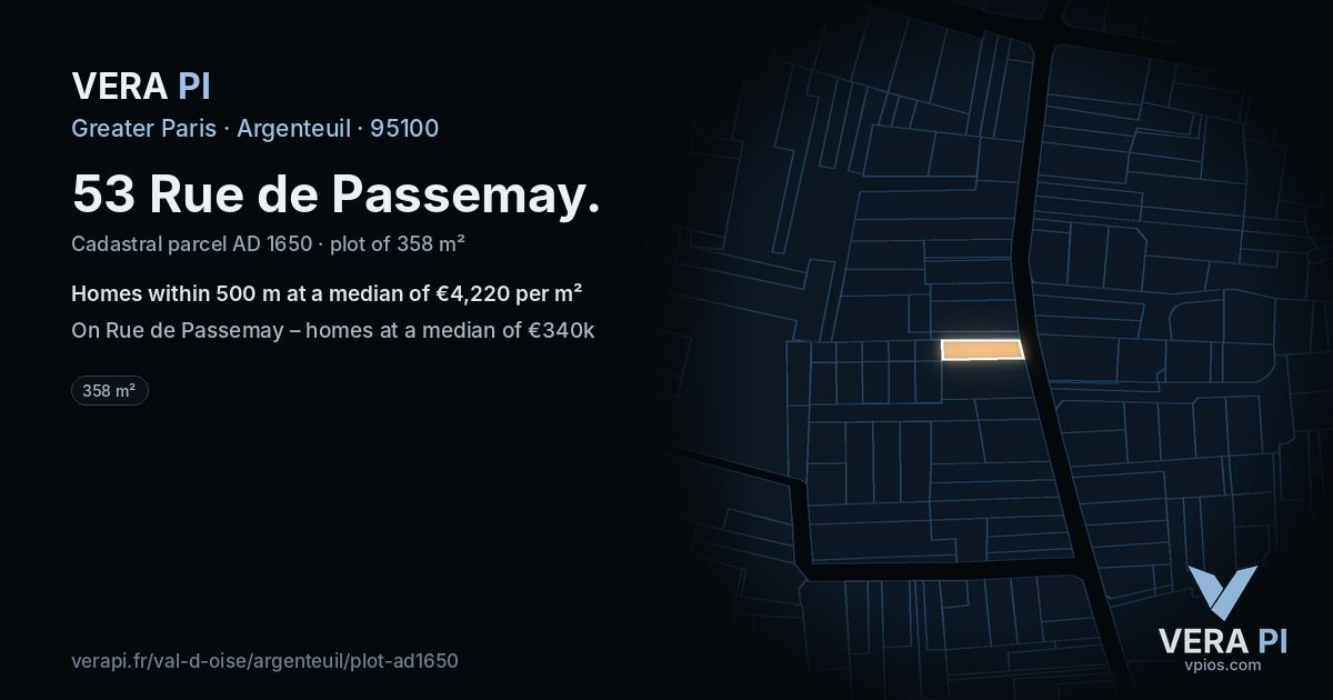 53 Rue de Passemay, Argenteuil at night – the plot lit, the parcels around coloured by the prices near them
