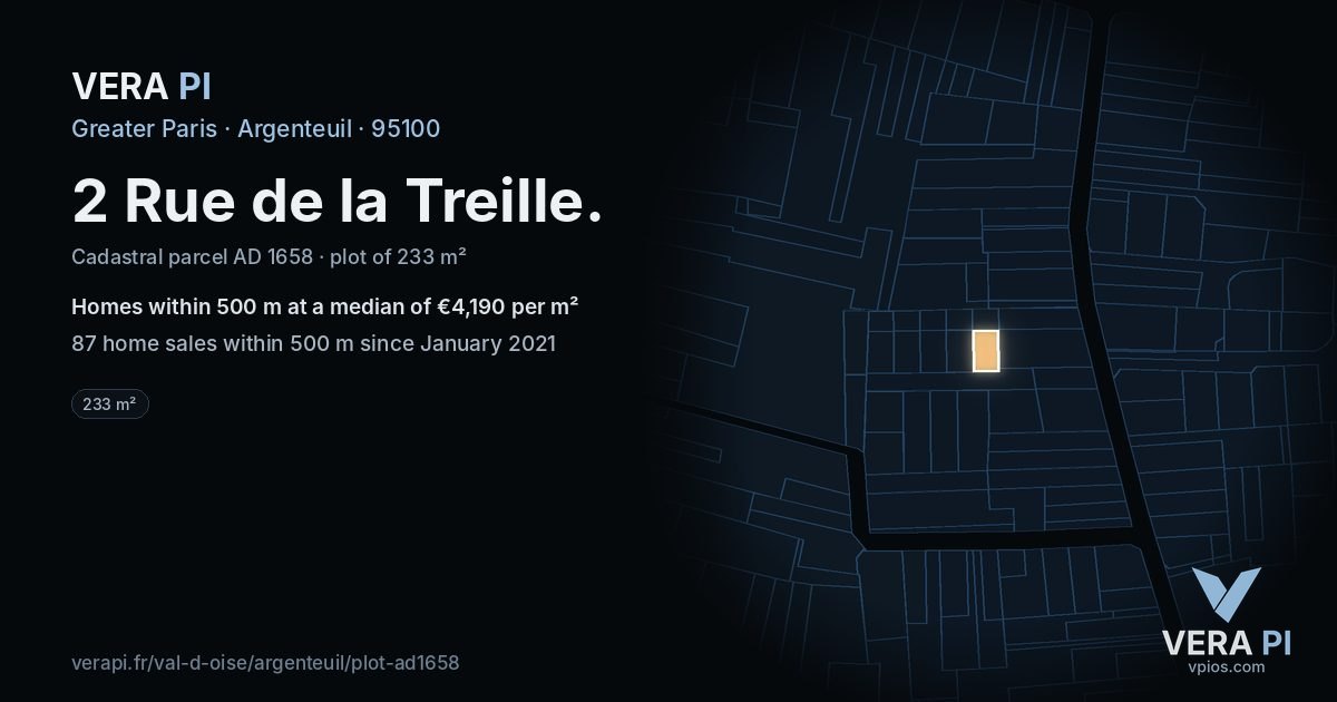 2 Rue de la Treille, Argenteuil at night – the plot lit, the parcels around coloured by the prices near them