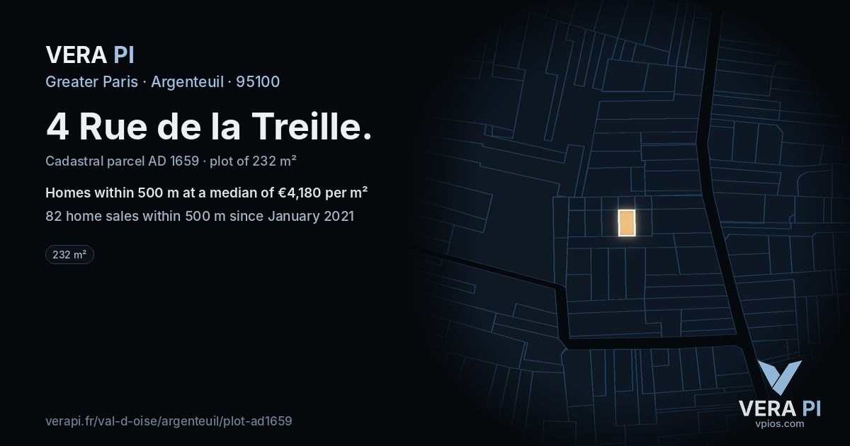 4 Rue de la Treille, Argenteuil at night – the plot lit, the parcels around coloured by the prices near them