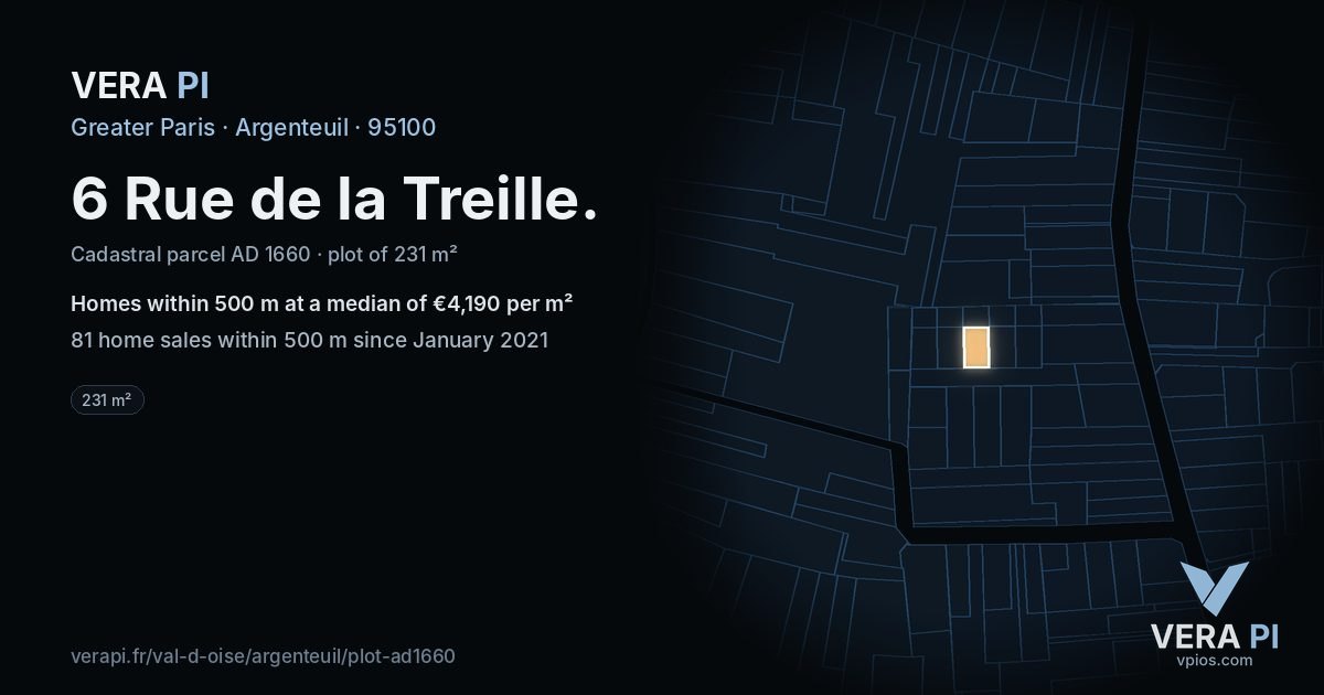 6 Rue de la Treille, Argenteuil at night – the plot lit, the parcels around coloured by the prices near them