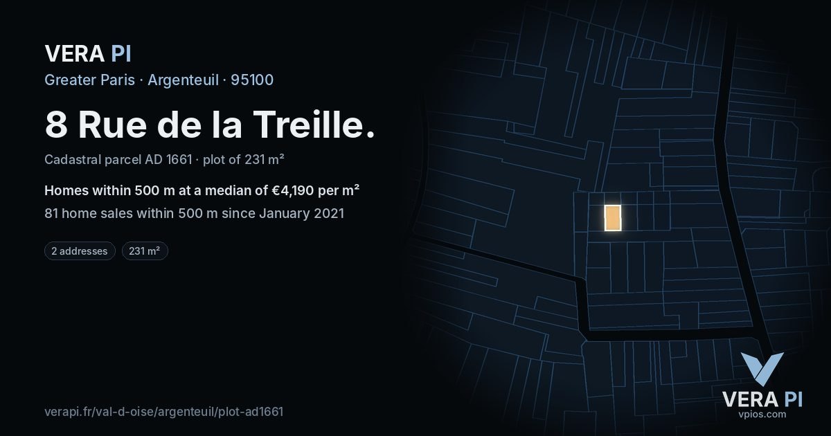 8 Rue de la Treille, Argenteuil at night – the plot lit, the parcels around coloured by the prices near them