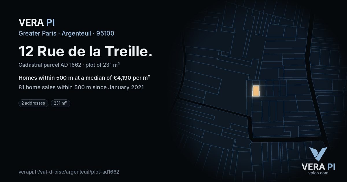12 Rue de la Treille, Argenteuil at night – the plot lit, the parcels around coloured by the prices near them