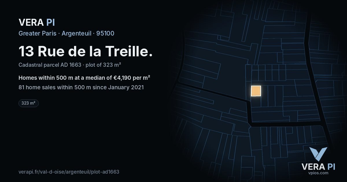 13 Rue de la Treille, Argenteuil at night – the plot lit, the parcels around coloured by the prices near them