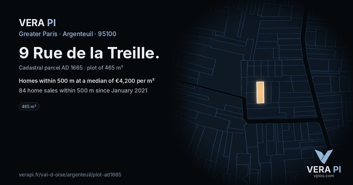 9 Rue de la Treille, Argenteuil at night – the plot lit, the parcels around coloured by the prices near them