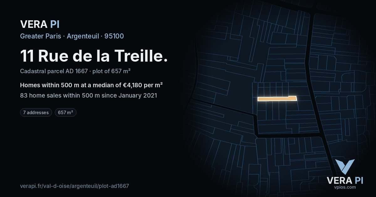 11 Rue de la Treille, Argenteuil at night – the plot lit, the parcels around coloured by the prices near them