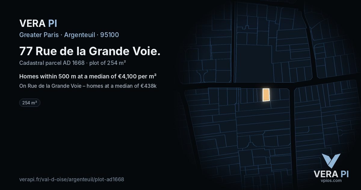77 Rue de la Grande Voie, Argenteuil at night – the plot lit, the parcels around coloured by the prices near them