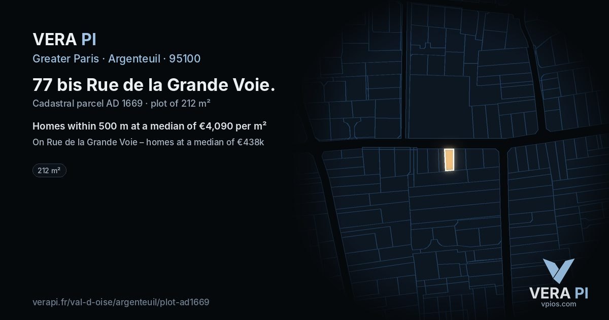 77 bis Rue de la Grande Voie, Argenteuil at night – the plot lit, the parcels around coloured by the prices near them