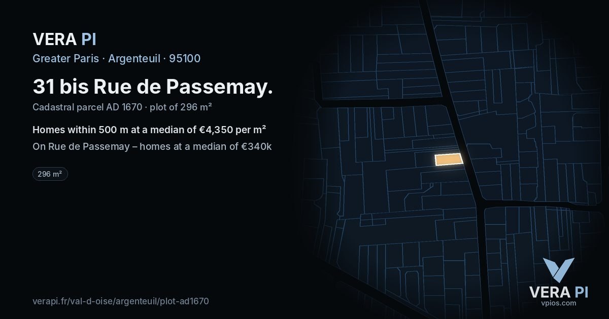 31 bis Rue de Passemay, Argenteuil at night – the plot lit, the parcels around coloured by the prices near them