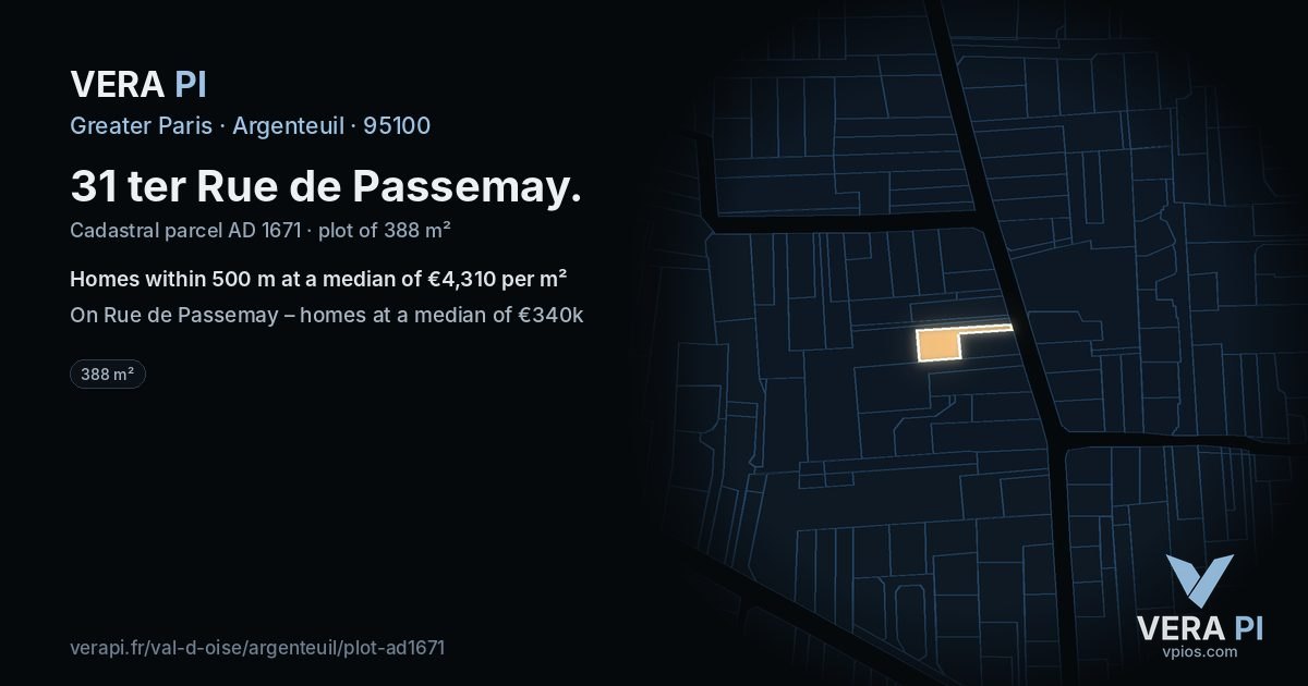 31 ter Rue de Passemay, Argenteuil at night – the plot lit, the parcels around coloured by the prices near them