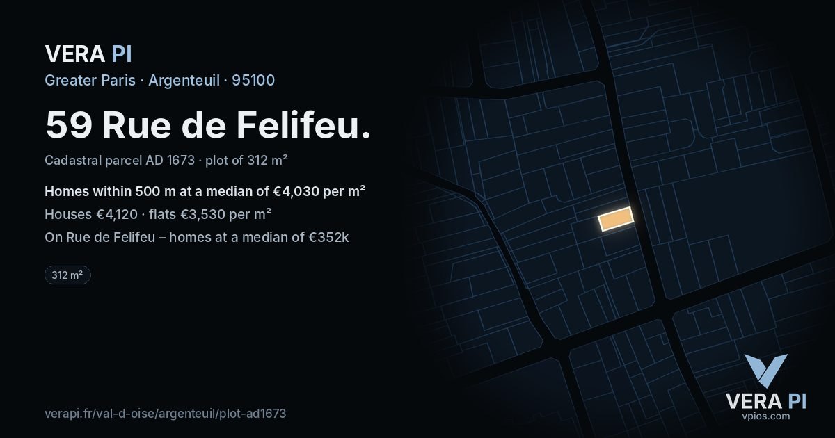 59 Rue de Felifeu, Argenteuil at night – the plot lit, the parcels around coloured by the prices near them