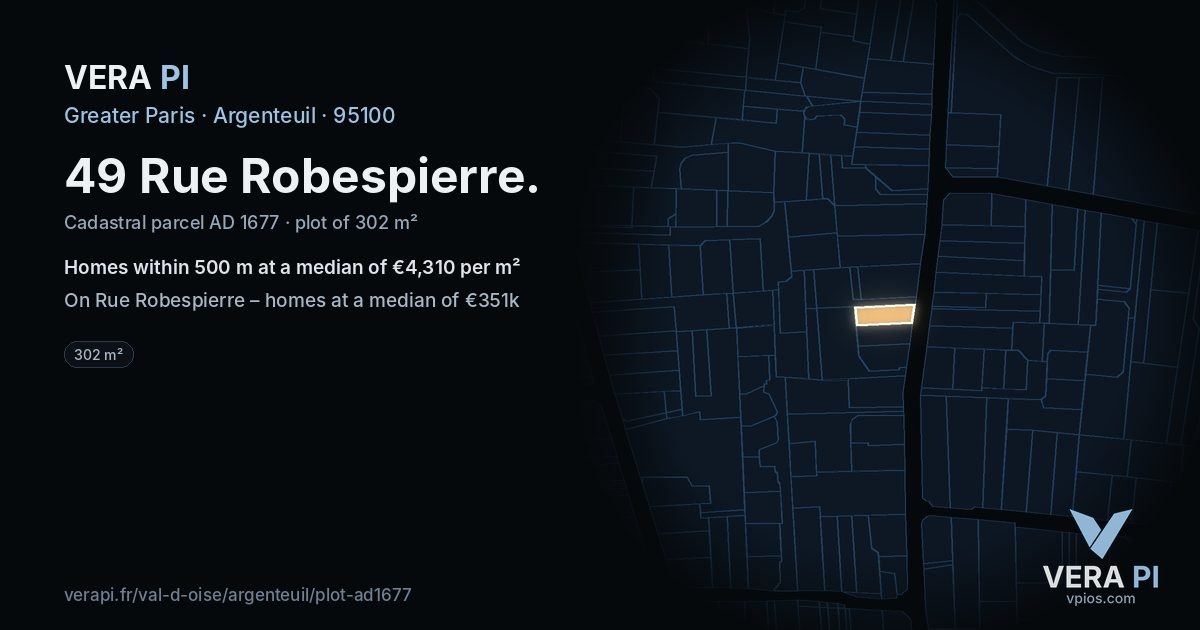 49 Rue Robespierre, Argenteuil at night – the plot lit, the parcels around coloured by the prices near them