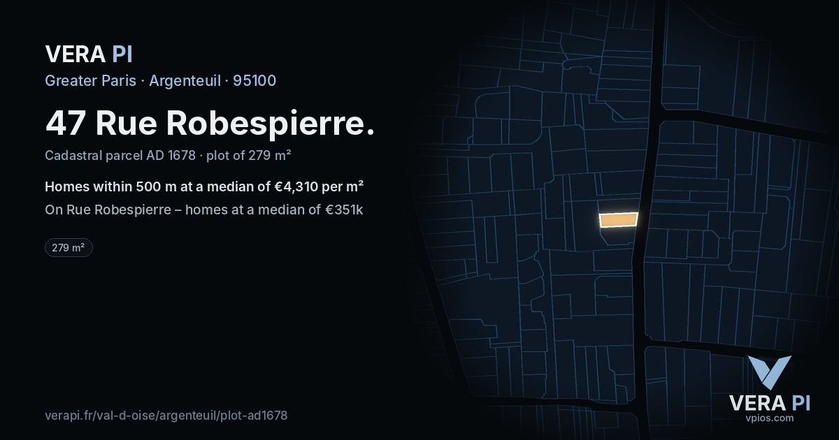 47 Rue Robespierre, Argenteuil at night – the plot lit, the parcels around coloured by the prices near them