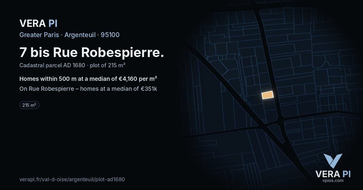 7 bis Rue Robespierre, Argenteuil at night – the plot lit, the parcels around coloured by the prices near them