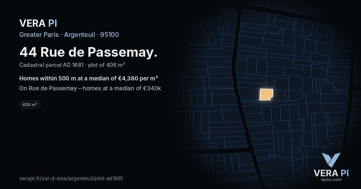 44 Rue de Passemay, Argenteuil at night – the plot lit, the parcels around coloured by the prices near them