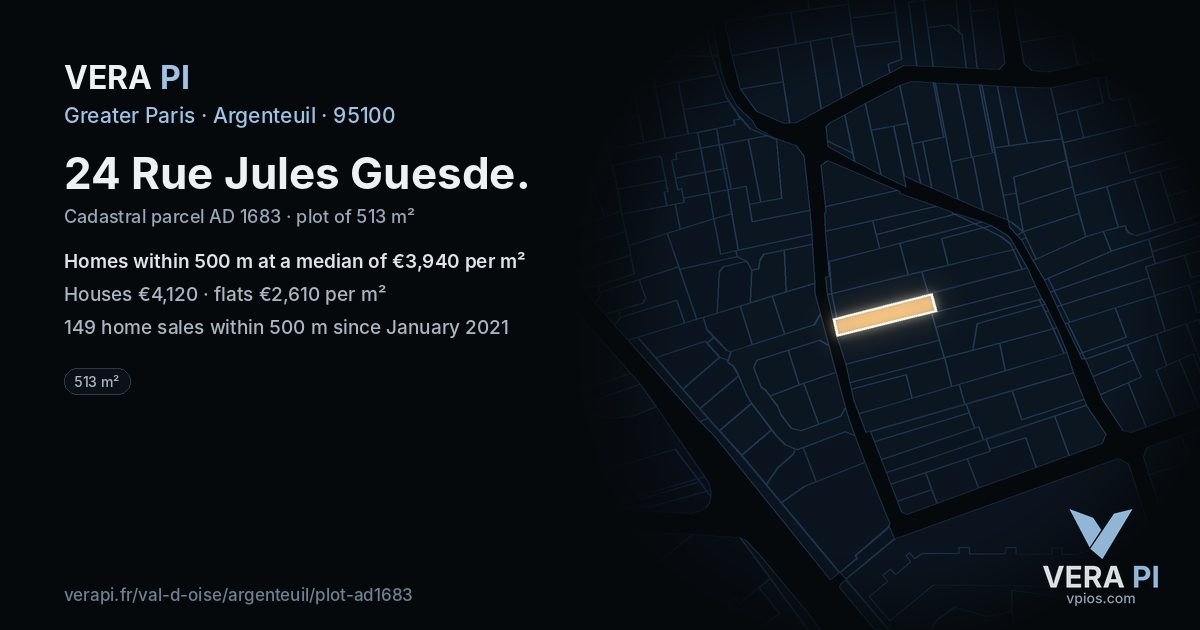 24 Rue Jules Guesde, Argenteuil at night – the plot lit, the parcels around coloured by the prices near them
