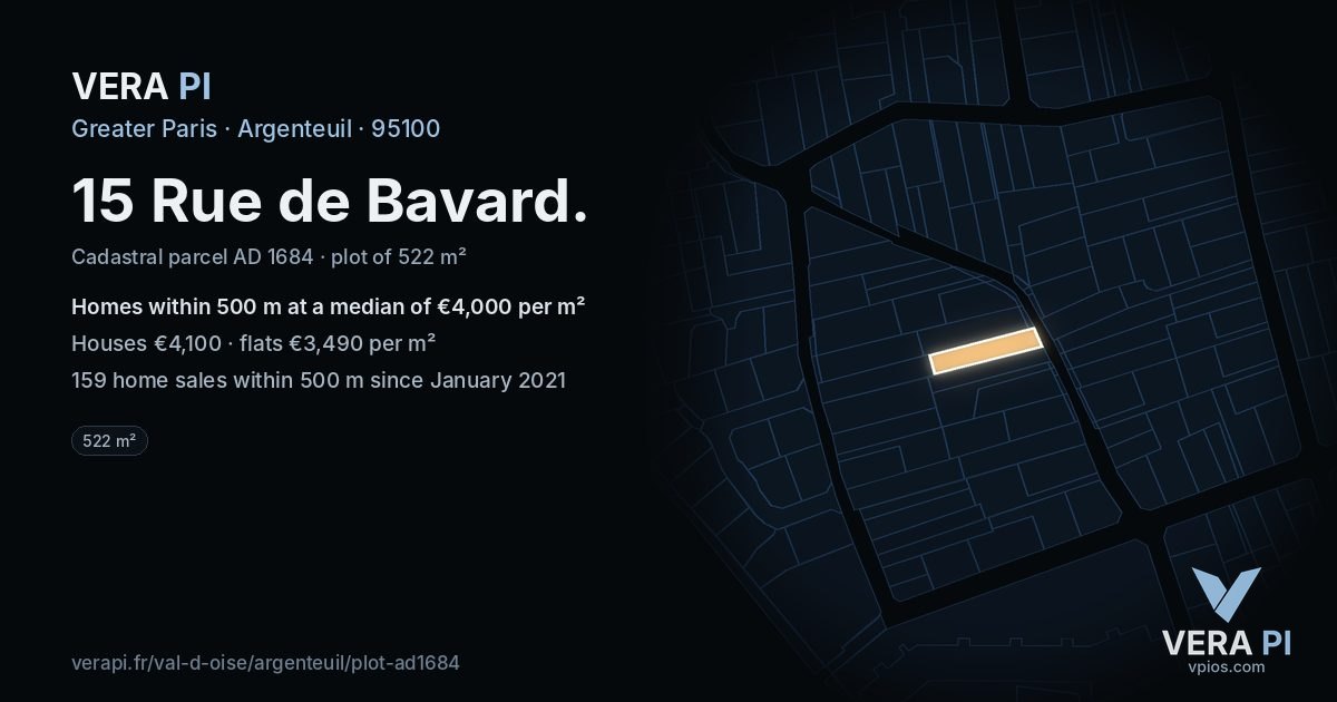 15 Rue de Bavard, Argenteuil at night – the plot lit, the parcels around coloured by the prices near them