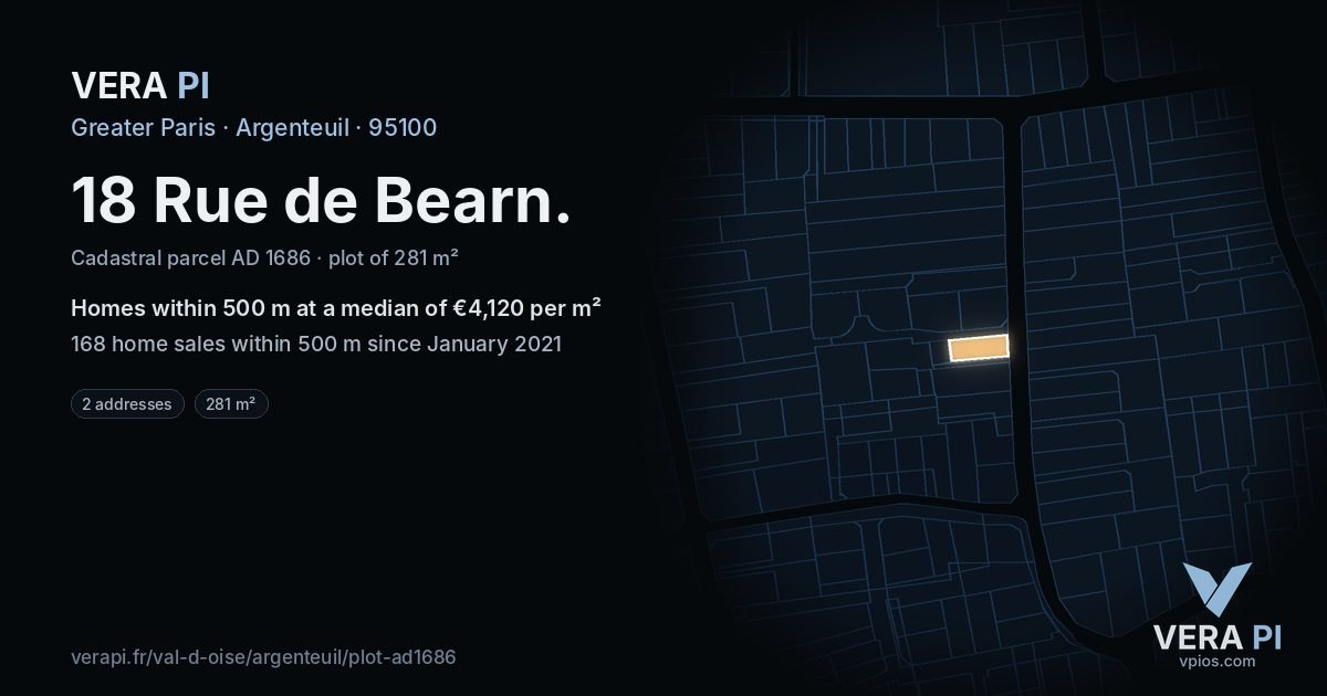 18 Rue de Bearn, Argenteuil at night – the plot lit, the parcels around coloured by the prices near them