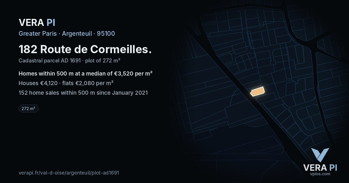 182 Route de Cormeilles, Argenteuil at night – the plot lit, the parcels around coloured by the prices near them