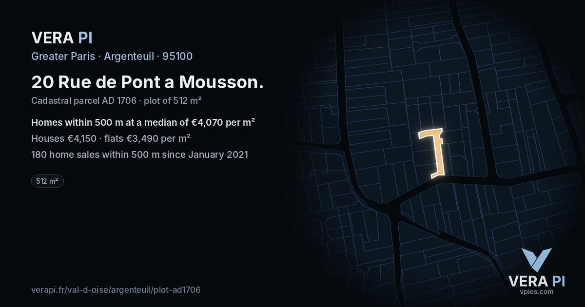 20 Rue de Pont a Mousson, Argenteuil at night – the plot lit, the parcels around coloured by the prices near them