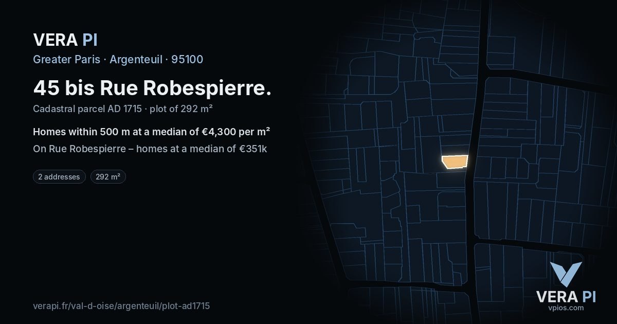 45 bis Rue Robespierre, Argenteuil at night – the plot lit, the parcels around coloured by the prices near them
