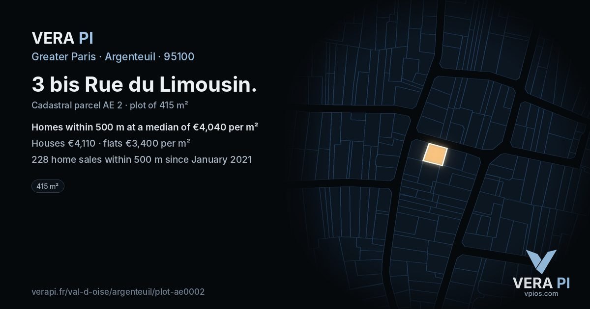 3 bis Rue du Limousin, Argenteuil at night – the plot lit, the parcels around coloured by the prices near them