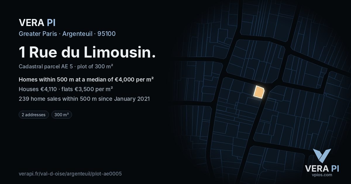 1 Rue du Limousin, Argenteuil at night – the plot lit, the parcels around coloured by the prices near them