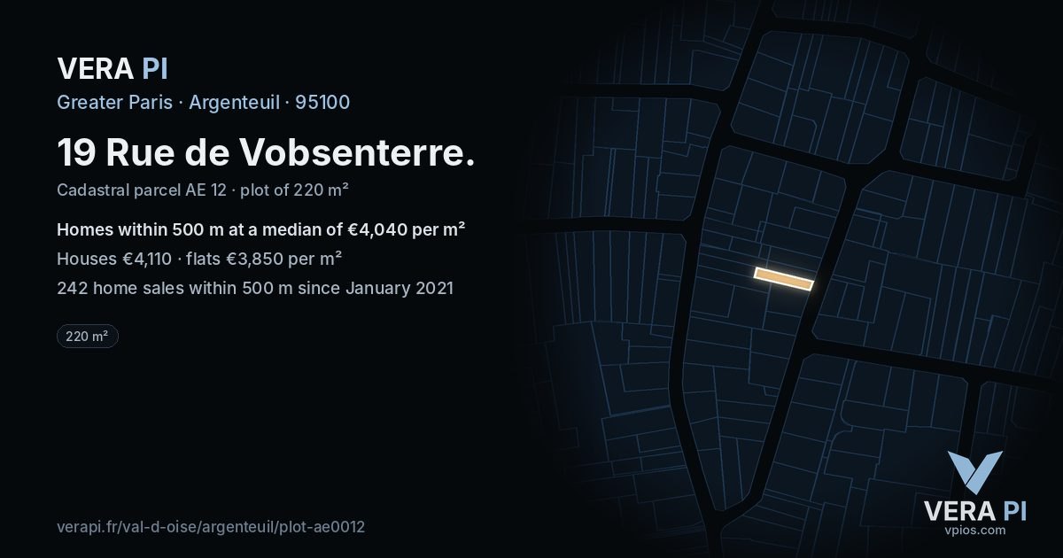 19 Rue de Vobsenterre, Argenteuil at night – the plot lit, the parcels around coloured by the prices near them