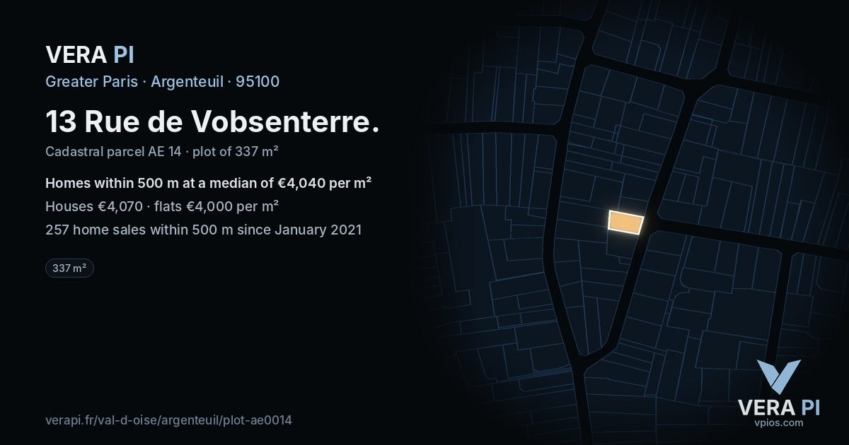 13 Rue de Vobsenterre, Argenteuil at night – the plot lit, the parcels around coloured by the prices near them