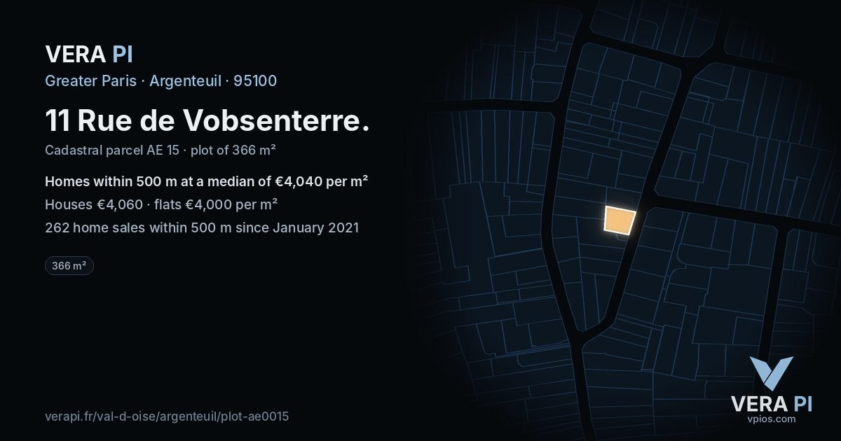 11 Rue de Vobsenterre, Argenteuil at night – the plot lit, the parcels around coloured by the prices near them