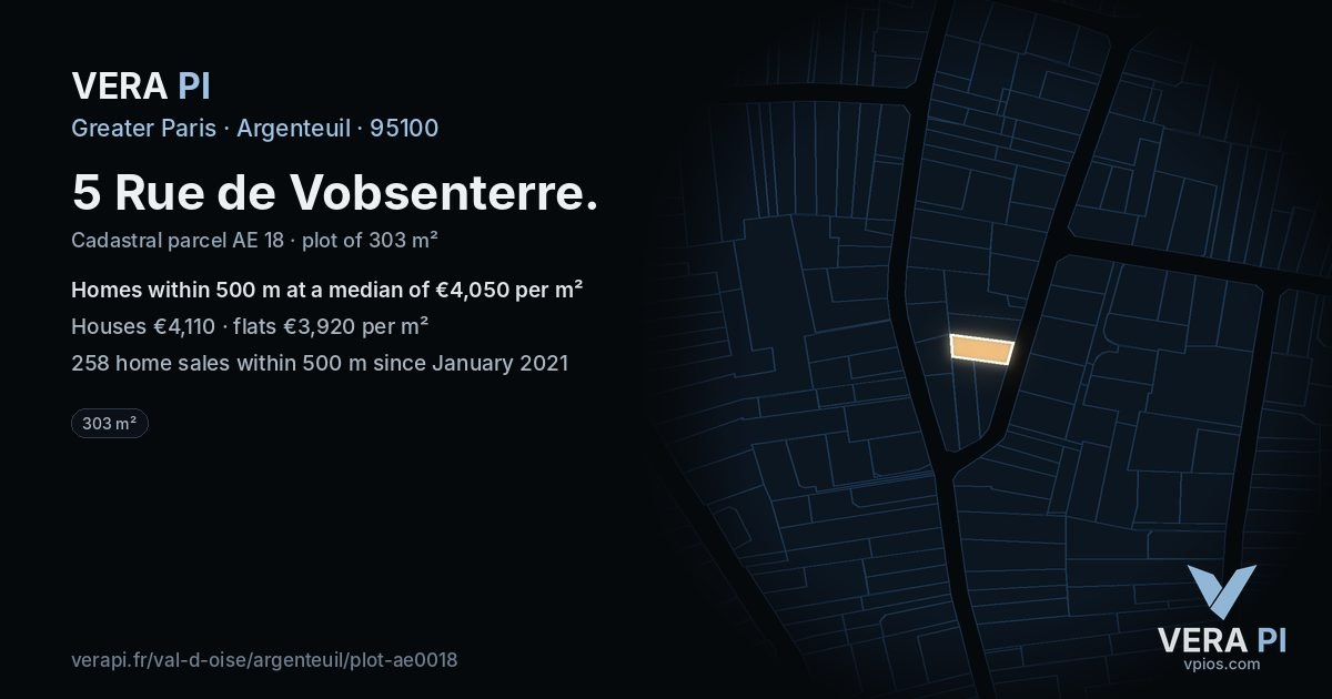 5 Rue de Vobsenterre, Argenteuil at night – the plot lit, the parcels around coloured by the prices near them