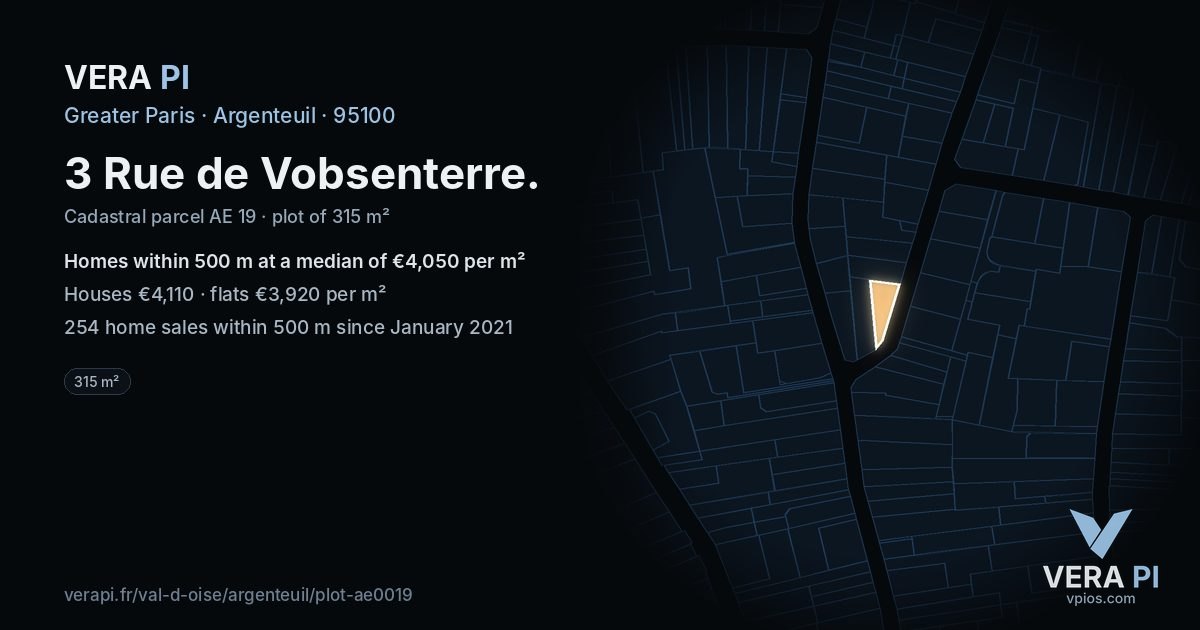 3 Rue de Vobsenterre, Argenteuil at night – the plot lit, the parcels around coloured by the prices near them