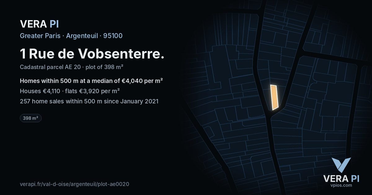 1 Rue de Vobsenterre, Argenteuil at night – the plot lit, the parcels around coloured by the prices near them