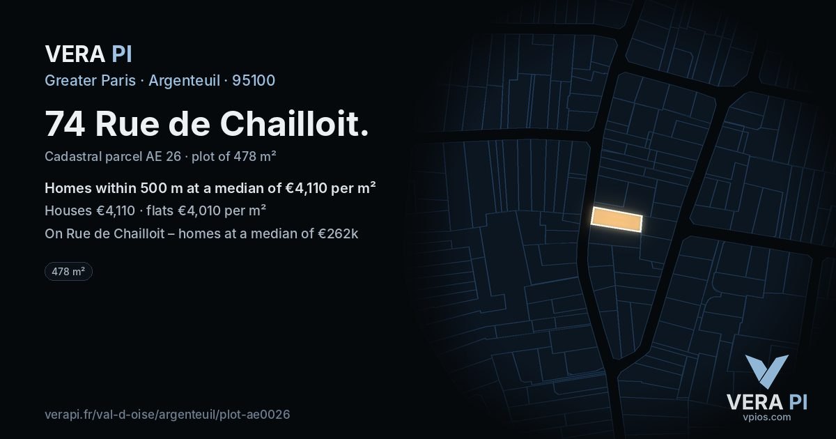 74 Rue de Chailloit, Argenteuil at night – the plot lit, the parcels around coloured by the prices near them