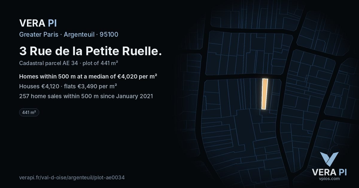3 Rue de la Petite Ruelle, Argenteuil at night – the plot lit, the parcels around coloured by the prices near them