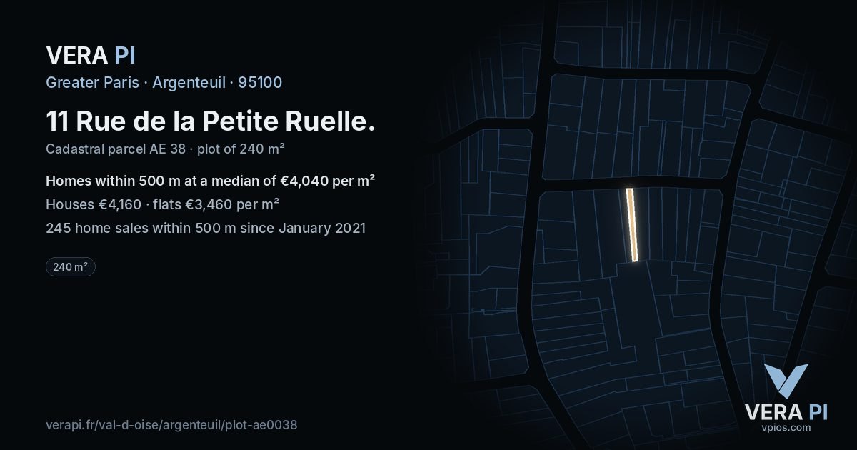 11 Rue de la Petite Ruelle, Argenteuil at night – the plot lit, the parcels around coloured by the prices near them